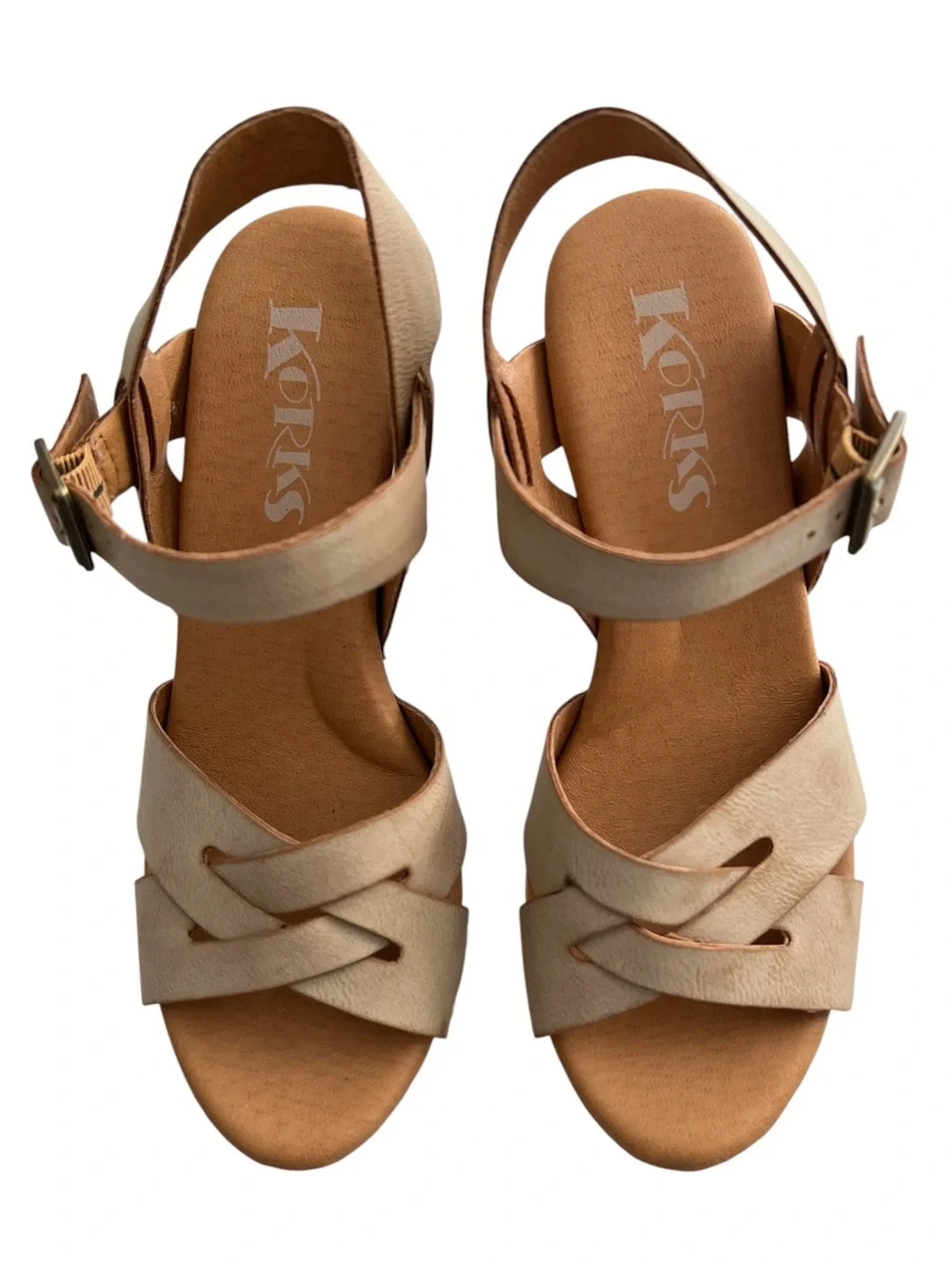 Korks Taupe Woven Wooden Clog Platform Sandals - Ankle Strap Wedge - Size 6M